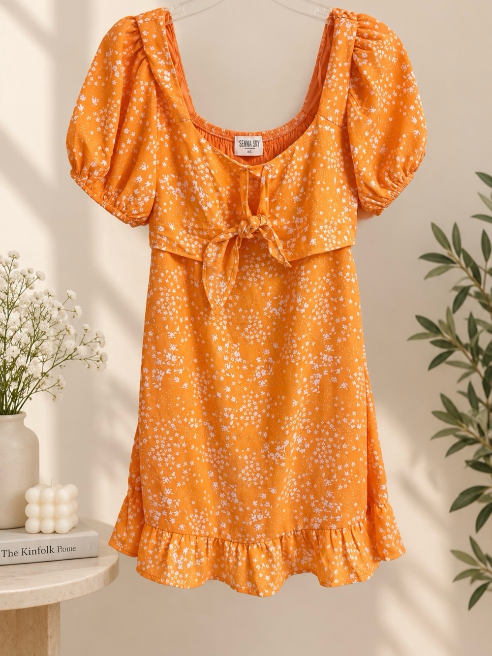 NWT Sienna Sky Orange ruffle Floral Tie-Front Puff Sleeve Dress